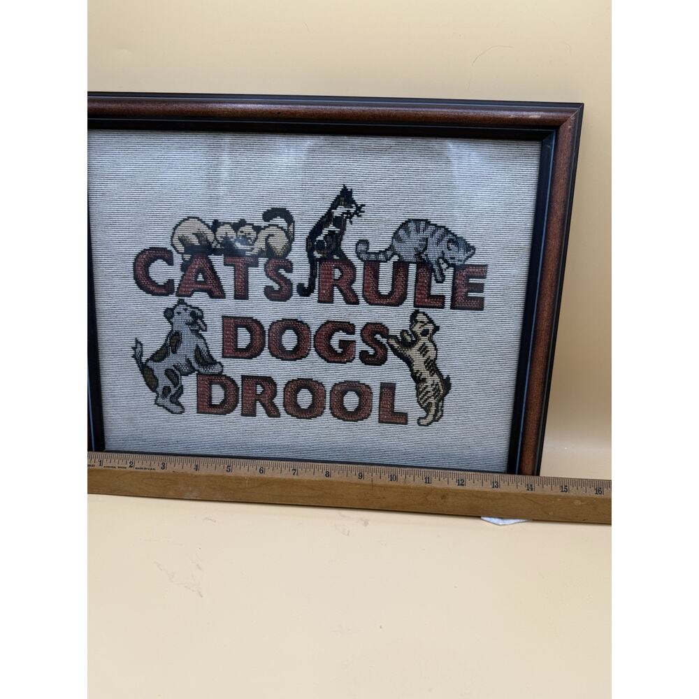 Cats Rule Dogs Drool Framed Cross Stitch Needlepoint Wall Art Cat Lover Decor - Picture 2 of 4